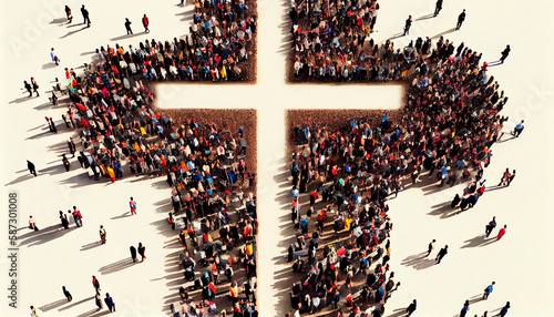 A cross surrounded by people aerial view illustration
