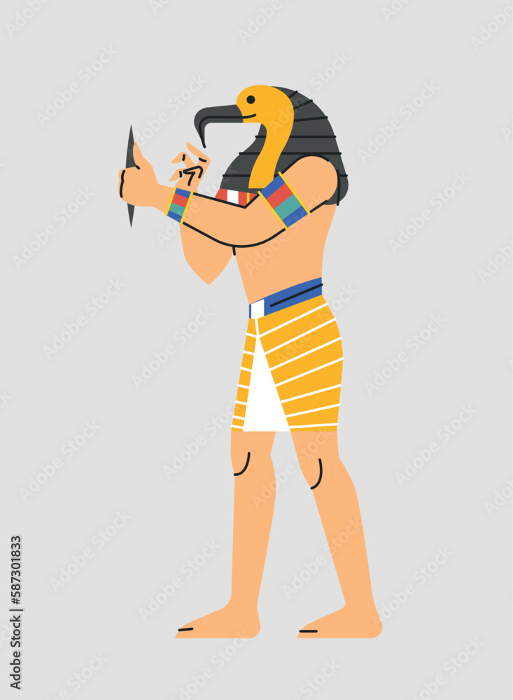 Egyptian god Thoth concept. Man with birds head. Mythology and ancient African religion. God of wisdom and knowledge. Antique king or pharaoh. Cartoon flat vector illustration Egyptian god Thoth concept. Man with birds head. Mythology and ancient African religion. God of wisdom and knowledge. Antique king or pharaoh. Cartoon flat vector illustration