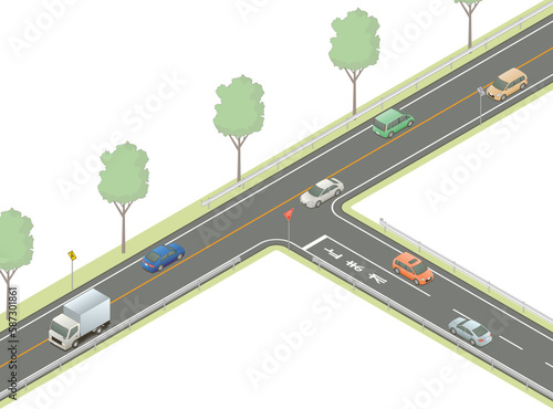アイソメトリック図法で描いた一時停止のあるT字交差点のイメージA / Japanese T-junction. Isometric illustration