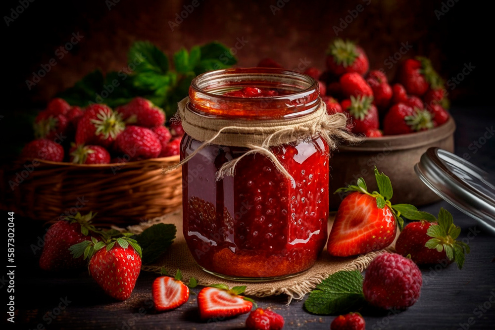 Strawberry jam in the glass jar with berries Strawberry jam in the glass jar with berries