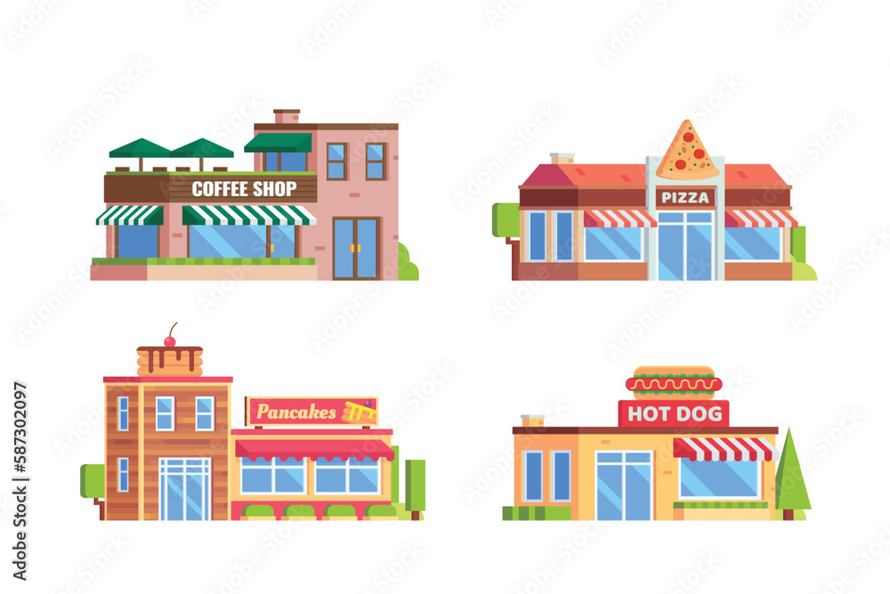 Vector element of cafe or coffee shop building, pizza restaurant, pancakes cafe and hot dog resto flat design style for city illustration