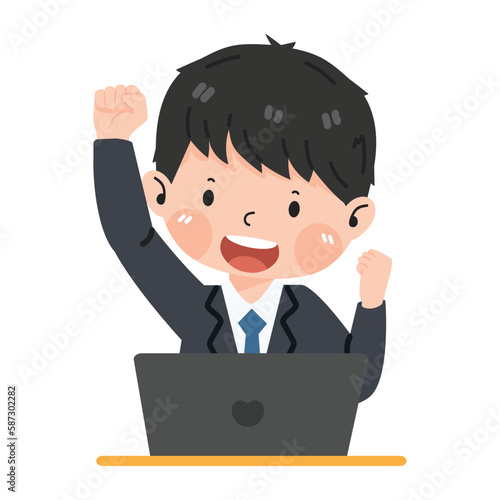 Businessman excited hold fist hand up gesture with laptop