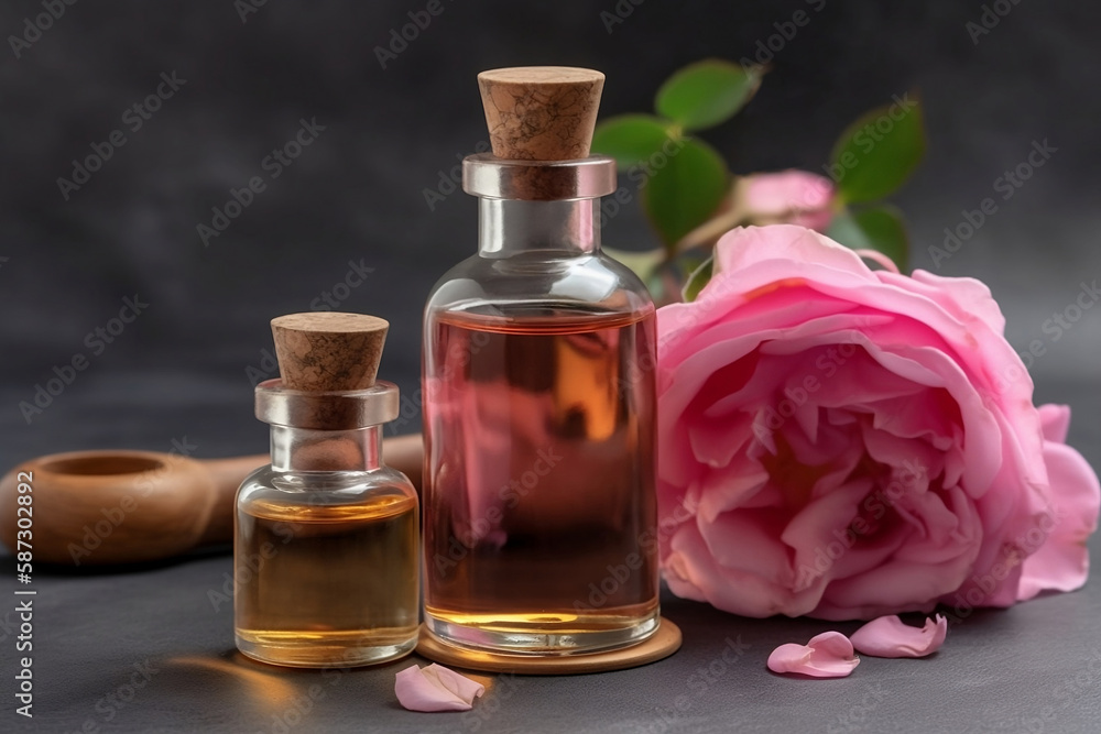 Perfumed rose water in a glass small bottle with wooden stopper. Pink flower petals oil. Massage, aromatherapy and organic cosmetics concept. Homemade product. Image is AI generated. Perfumed rose water in a glass small bottle with wooden stopper. Pink flower petals oil. Massage, aromatherapy and organic cosmetics concept. Homemade product. Image is AI generated.