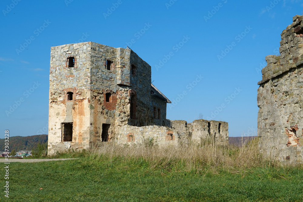 Ancient tower, turret in Pniv Castle - medieval historical object, Ukraine