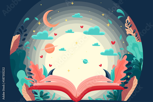 Reading an interesting book, the concept of immersion in the world of books, interesting stories, World Book Day, Children's Book Day, Cartoon illustration, Poster, banner, postcard, background 