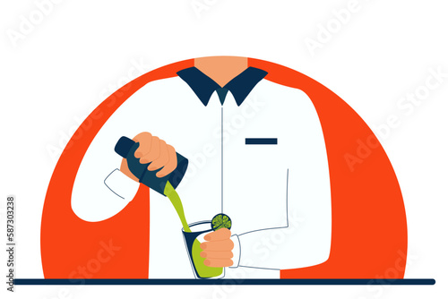 Silhouette of male bartender pouring drink from a shaker into a glass  