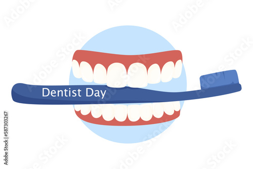 World Dentist Day, Dentist. Illustration with teeth holding toothbrush, dental illustration, dental care concept. Using a toothbrush, cartoon style illustration