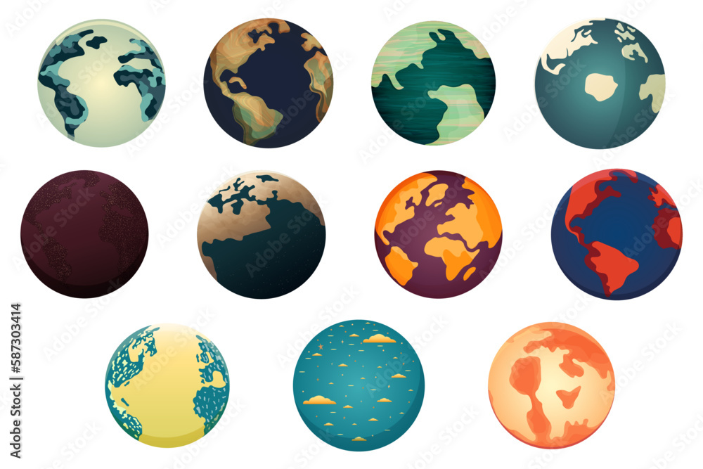 11 illustrations of planets , abstraction, space theme, cartoon bright planets, cliparts, vector