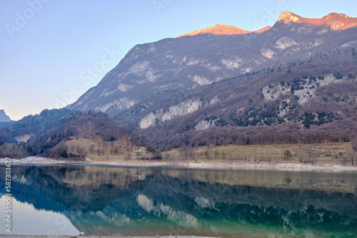 The view of Lake Tenno in spring,Trento,Italy, Europa. Turquoise lake in the mountains