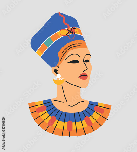 Egyptian queen concept. Woman in traditional accessories and jewelry. Nefertiti with earrings. Mythology, culture and traditions of Africa. Cartoon flat vector illustration