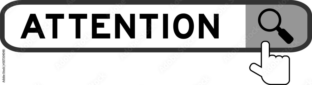 Search banner in word attention with hand over magnifier icon on white background Search banner in word attention with hand over magnifier icon on white background