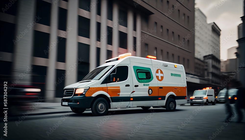 Fototapeta premium Ambulance Van on a wide city street. White emergency vehicle with warning lights and siren moving fast an avenue.