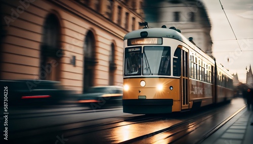 Yellow tram with motion blur effect moves fast in the city. High speed passenger train in motion on railroad.