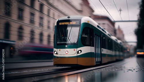 Yellow tram with motion blur effect moves fast in the city. High speed passenger train in motion on railroad.