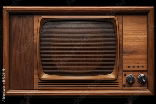 old fashioned wooden TV set with a black screen displaying no signal. Generative AI