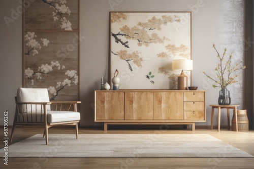 White and beige Japanese living room. Wooden dresser with wall mockup. Wallpaper, parquet. Modern decor,. Generative AI