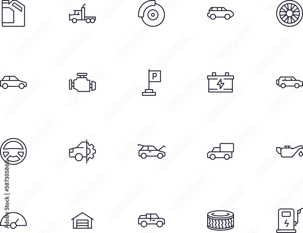 Car concept. Car line icon set. Collection of vector signs in trendy flat style for web sites, internet shops and stores, books and flyers. Premium quality icons isolated on white background