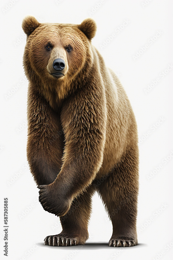 Obraz premium A standing grizzly bear isolated on a white background. Generative AI