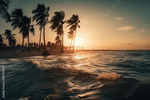 tropical sunset with palm trees and ocean view. Generative AI