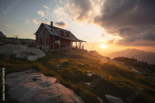 typical mountain hut. sunset. Generative ai
