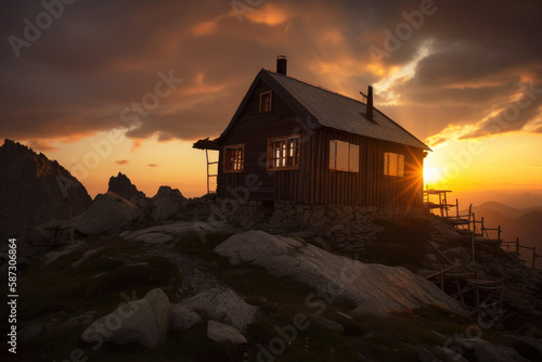 Typical mountain hut. sunset. Generative ai