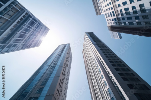 modern high skyscrapers, clear sky, conrast photo. Generative ai