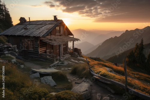 typical mountain hut. sunset. Generative ai