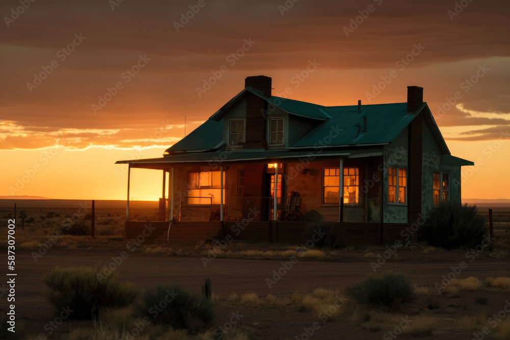 typical east american house, sunset. Generative ai
