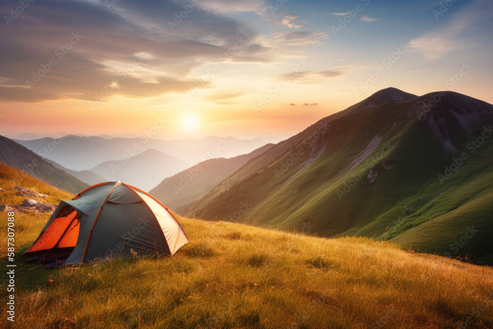 Tourist tent camping in mountains at sunset . Generative ai