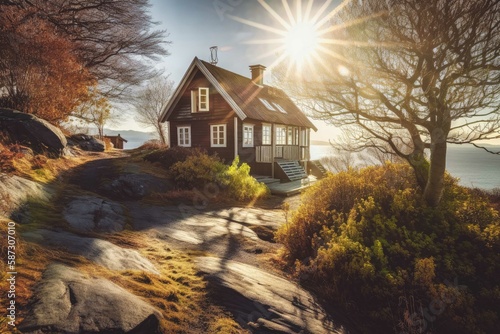 typical norwegian house, near the fjords and sea. Sunlight and contrast. Generative ai