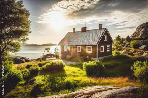 typical norwegian house, near the fjords and sea. Sunlight and contrast. Generative ai