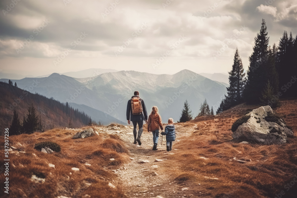 Family of mother father and young son walks in mountains. Generative ai