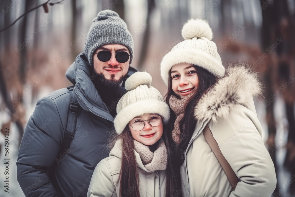 Cheerful family of three in warm winterwear spending day in winter forest. Generative ai
