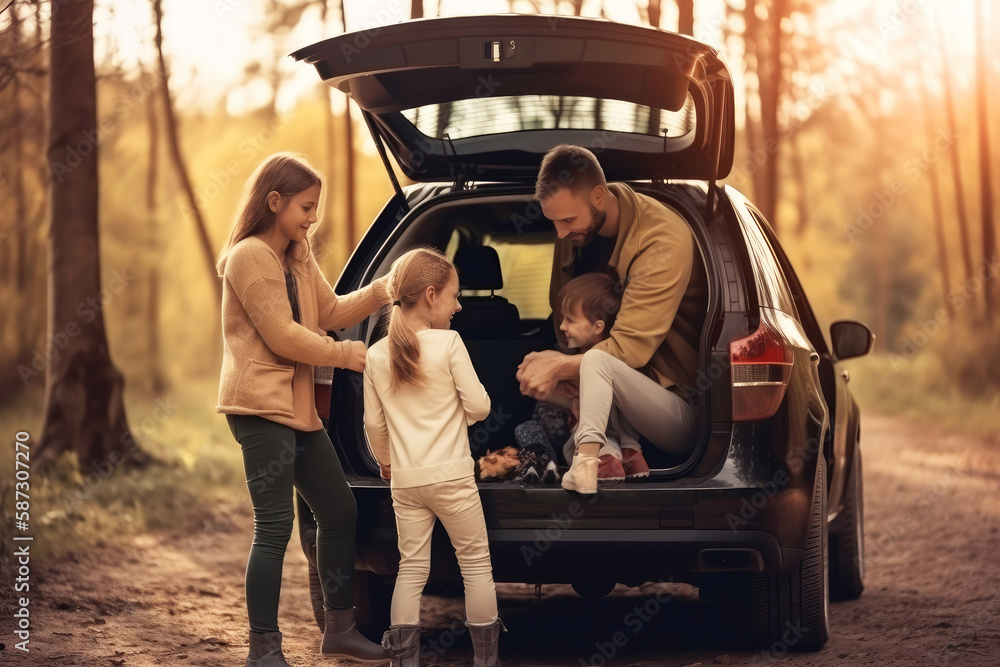 Happy family loading bags in the car and going on a road trip ...