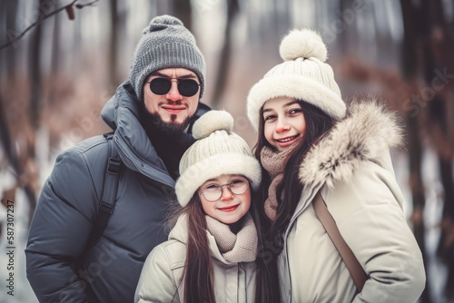 Cheerful family of three in warm winterwear spending day in winter forest. Generative ai