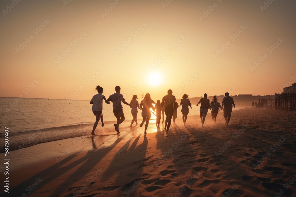 Big group of young friends or big family are having fun and run at sunset beach. Generative ai