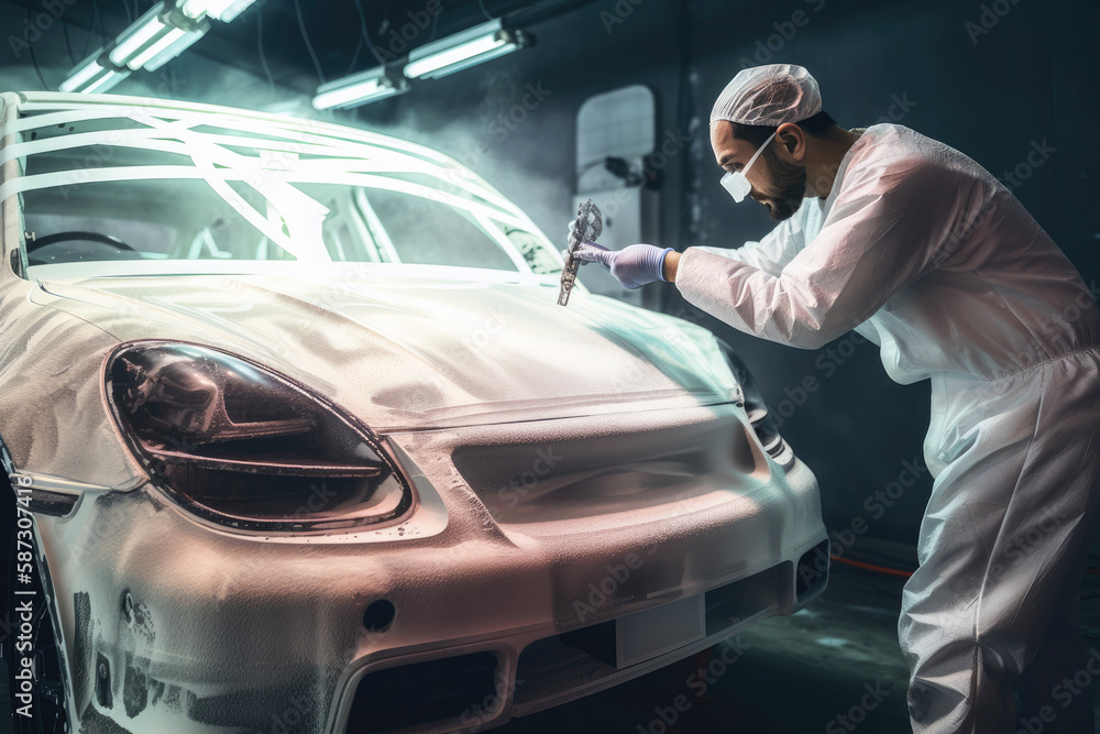 Mechanic painting car body, all white workshop and bright lights. Generative ai Mechanic painting car body, all white workshop and bright lights. Generative ai