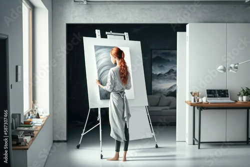 woman Artist painting a picture in a modern studio. White walls. Generative ai
