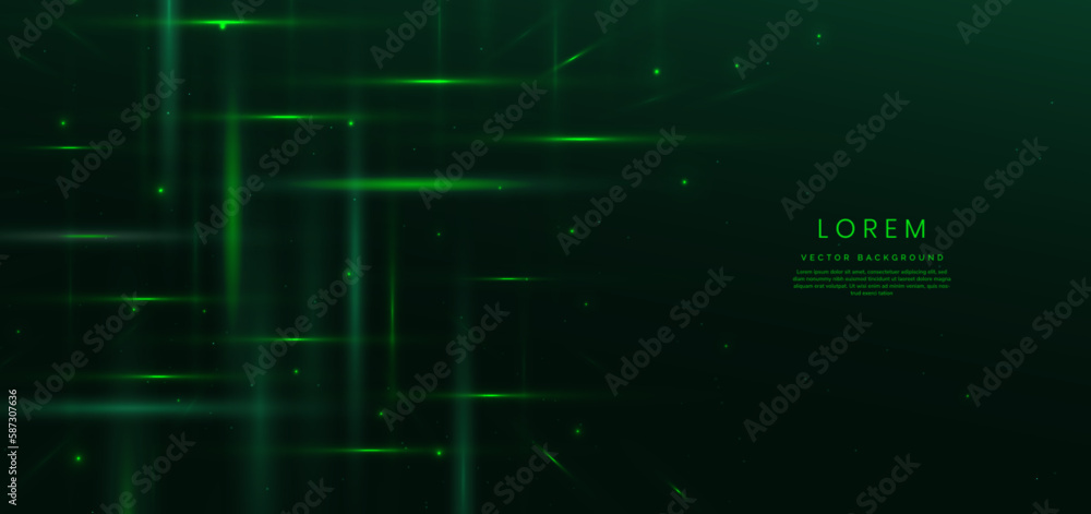 Abstract technology futuristic glowing green light lines with high-speed effect on dark green background.