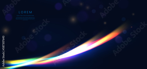 Abstract futuristic neon light curved green, blue, yellow and pink on dark blue background.