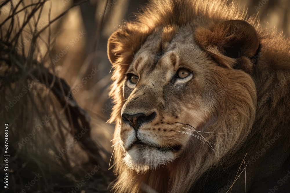 A close up of a male African lion in the wild animals. Generative AI