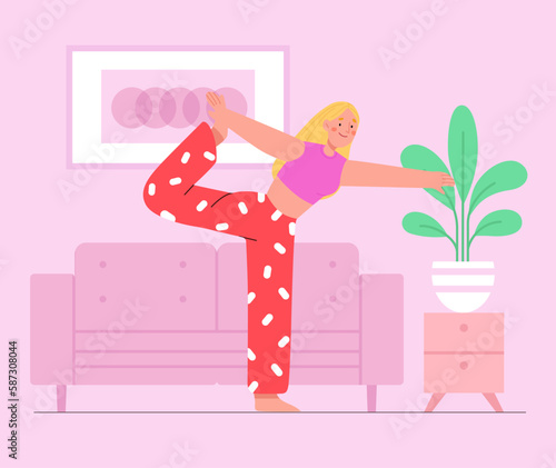 Girl doing yoga at home online. spiritual meditation. Flat vector illustration.