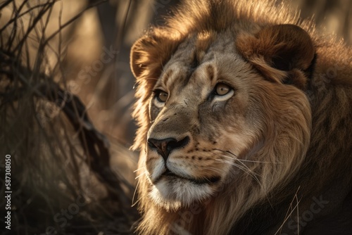 A close up of a male African lion in the wild animals. Generative AI © AkuAku