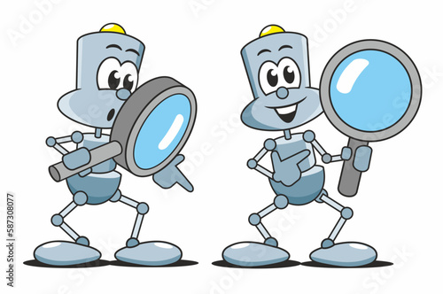 Cartoon Bots mit Lupe suchen und finden die Lösung