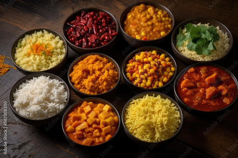 rice with a variety of Indian curries. Generative AI rice with a variety of Indian curries. Generative AI