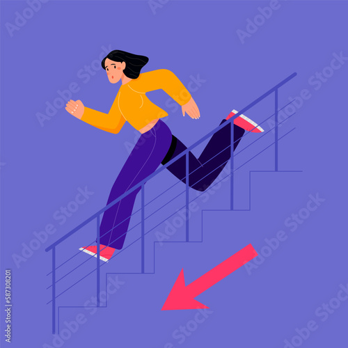 The girl runs up the stairs. Earthquake training. Safety rules. Flat vector illustration 
