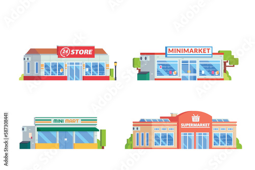 Vector element of store building, minimarket, mart and supermarket flat design style for city illustration