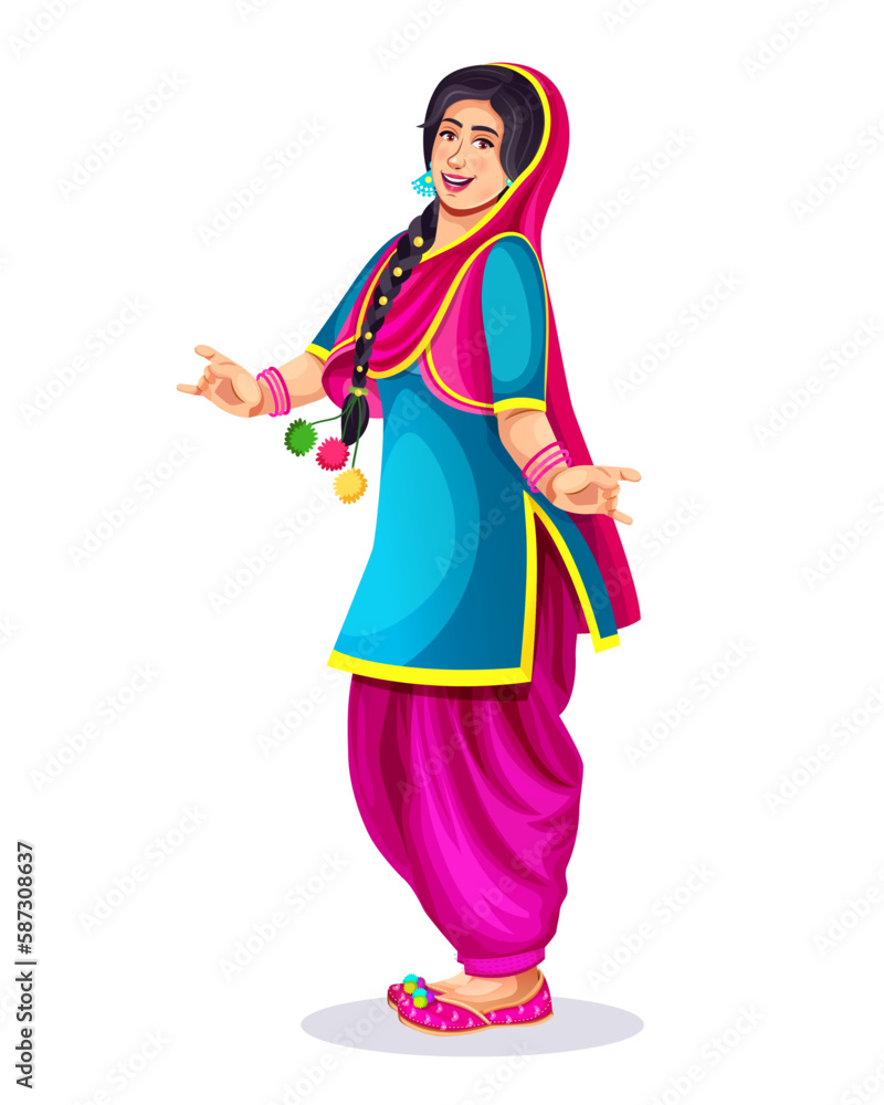 Indian Punjabi happy young woman enjoying occasion like Lohri and Baisakhi function dance party isolate on white background. Girl wearing ethnic Indian cloth suit and salwar. Indian Punjabi happy young woman enjoying occasion like Lohri and Baisakhi function dance party isolate on white background. Girl wearing ethnic Indian cloth suit and salwar.