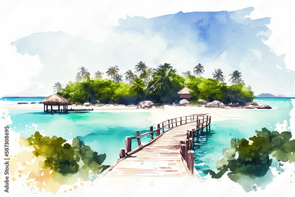 Watercolor tropical sea landscape painting. Maldives beach illustration. Ai generated