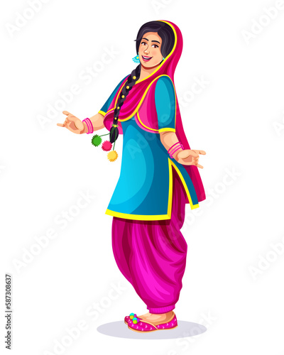 Indian Punjabi happy young woman enjoying occasion like Lohri and Baisakhi function dance party isolate on white background. Girl wearing ethnic Indian cloth suit and salwar.